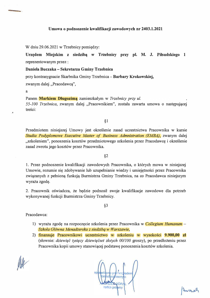 Umowa na dofinansowanie studiów EMBA Collegium Humanum dla Marka Długozimy